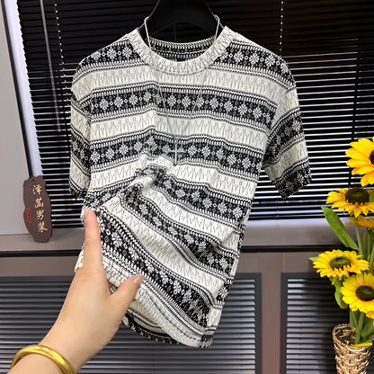 Ethnic Geometric Jacquard Crew Neck Short‑Sleeve T‑Shirt
