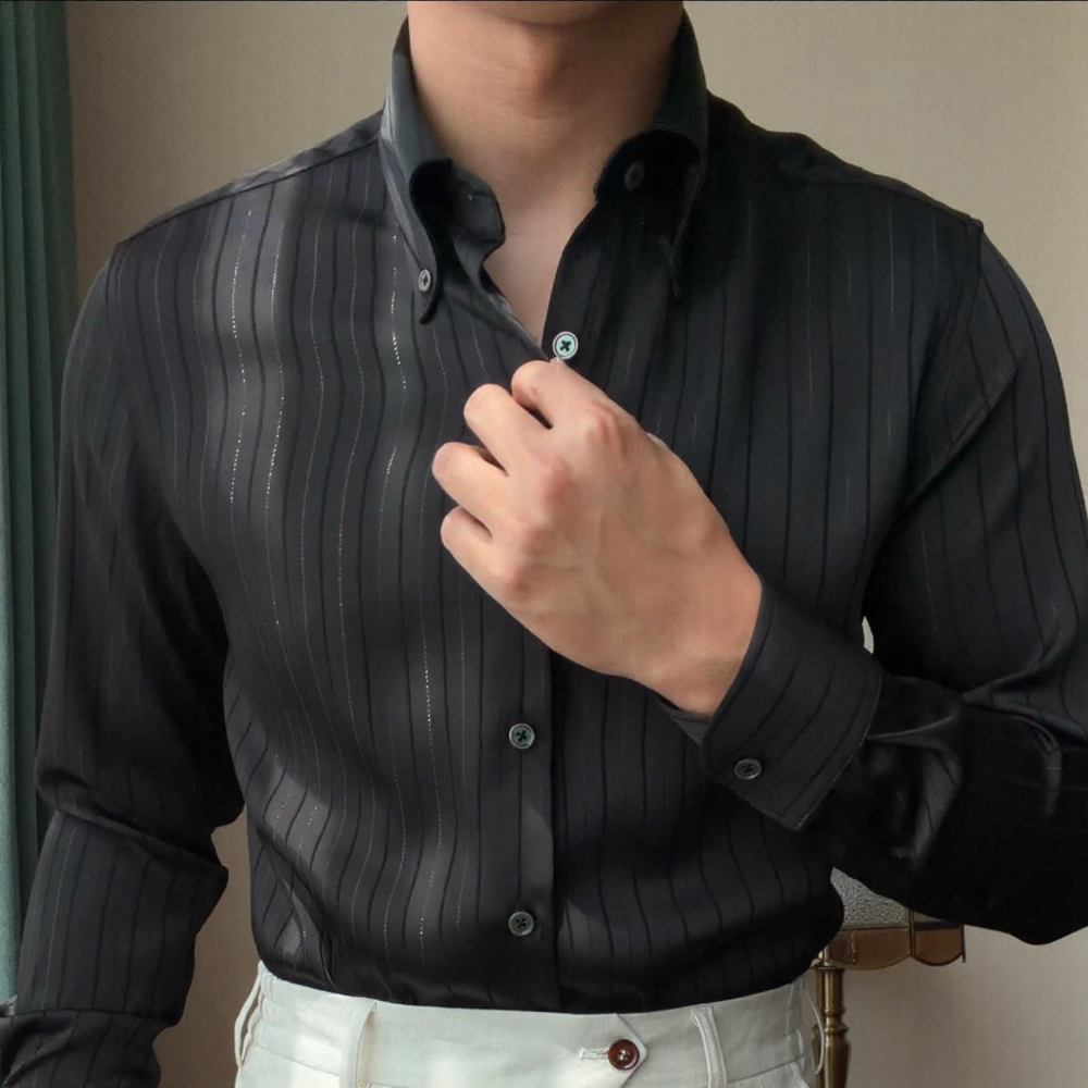 Shimmer Stripe Satin Collared Long‑Sleeve Shirt