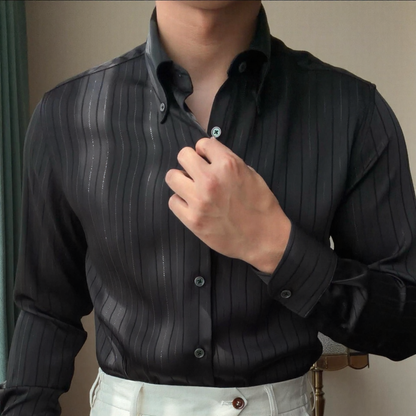 Shimmer Stripe Satin Collared Long‑Sleeve Shirt