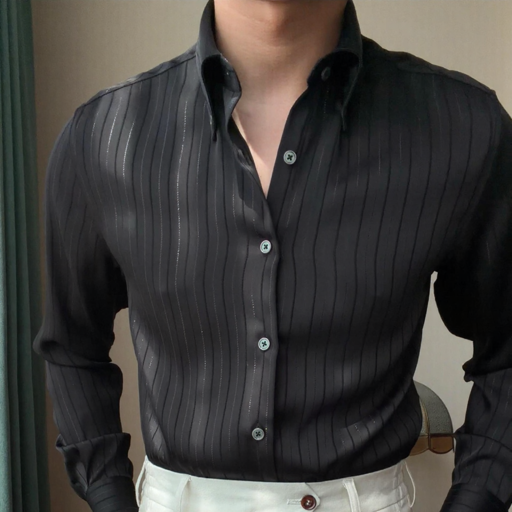 Shimmer Stripe Satin Collared Long‑Sleeve Shirt