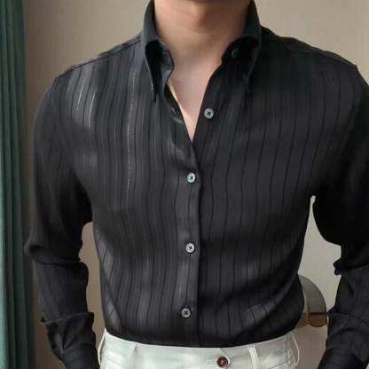 Shimmer Stripe Satin Collared Long‑Sleeve Shirt