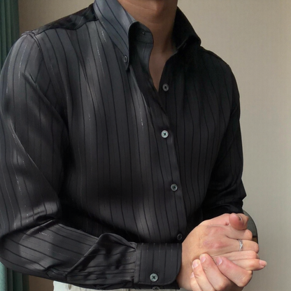 Shimmer Stripe Satin Collared Long‑Sleeve Shirt