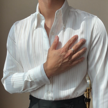 Shimmer Stripe Satin Collared Long‑Sleeve Shirt