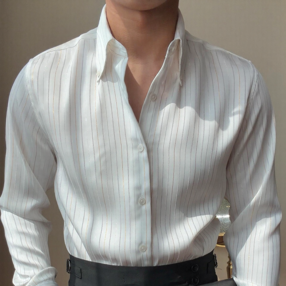Shimmer Stripe Satin Collared Long‑Sleeve Shirt