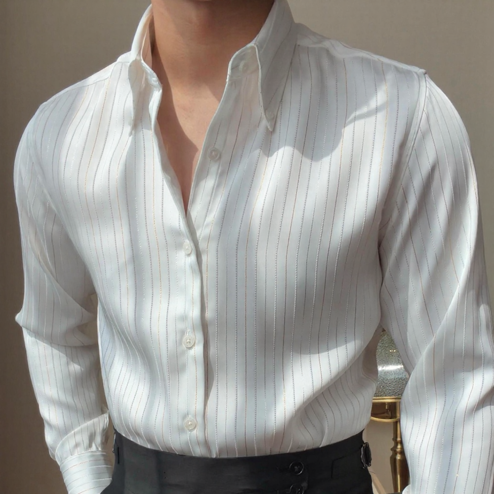 Shimmer Stripe Satin Collared Long‑Sleeve Shirt