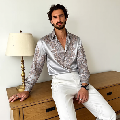 Paisley Pattern Satin Long Sleeve Shirt
