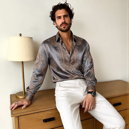 Paisley Pattern Satin Long Sleeve Shirt