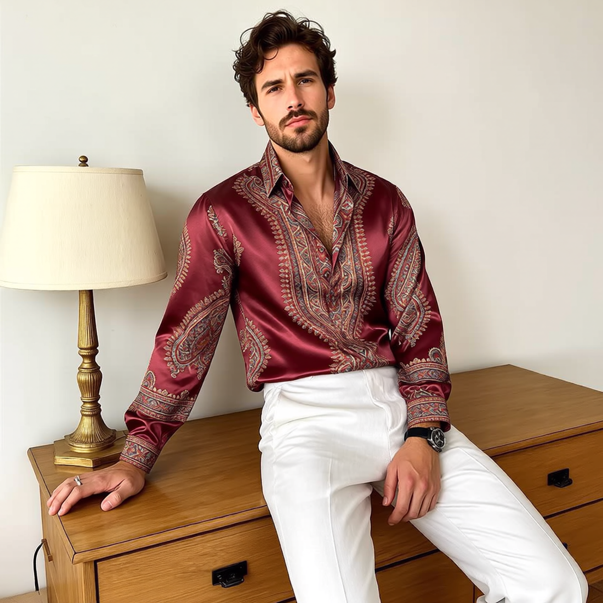 Retro Paisley Draped Satin Shirt