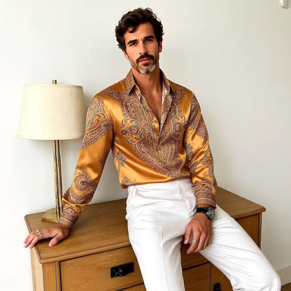 Retro Paisley Draped Satin Shirt