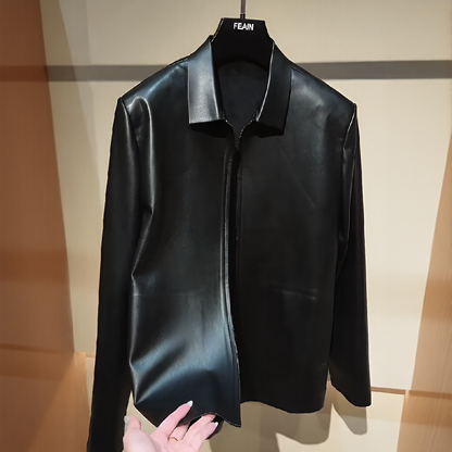 Collared Zip‑Up Commuter Leather Jacket