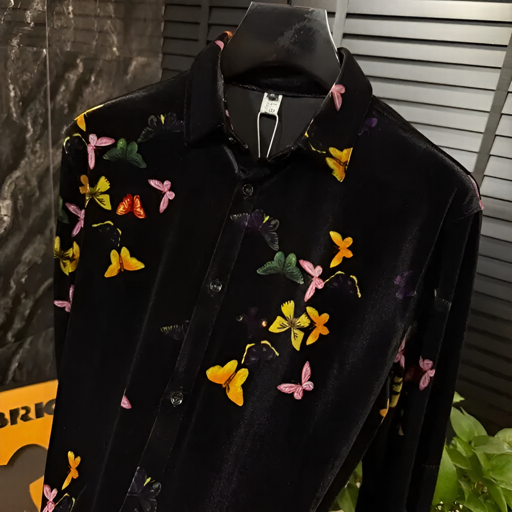 Velvet Butterfly Print Long Sleeve Shirt