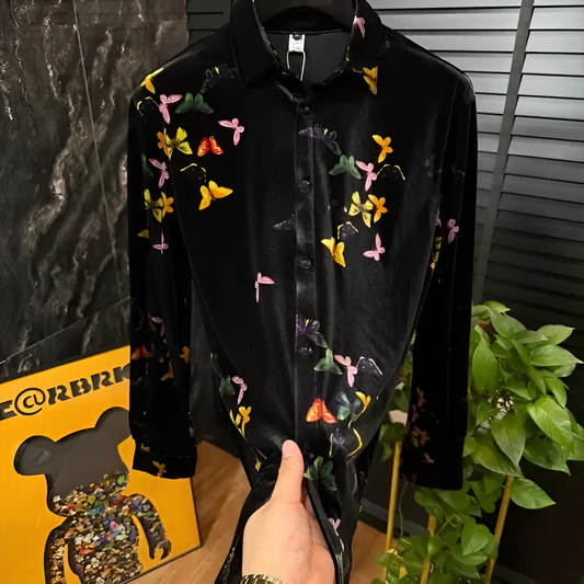 Velvet Butterfly Print Long Sleeve Shirt