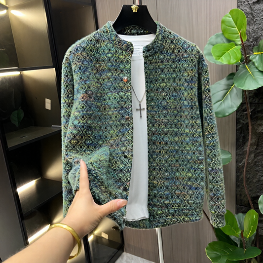 Geometric Jacquard Stand Collar Men's Cardigan
