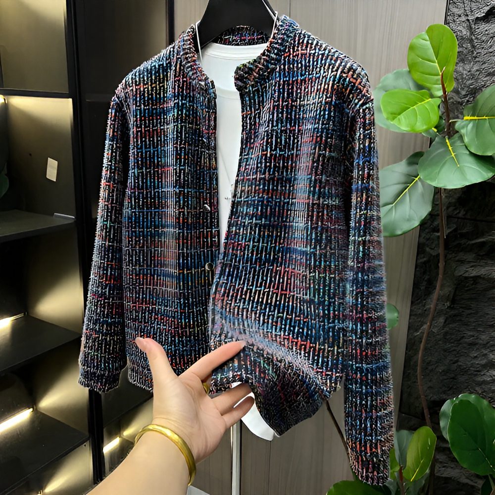 Stand Collar Tweed Style Men's Knit Top