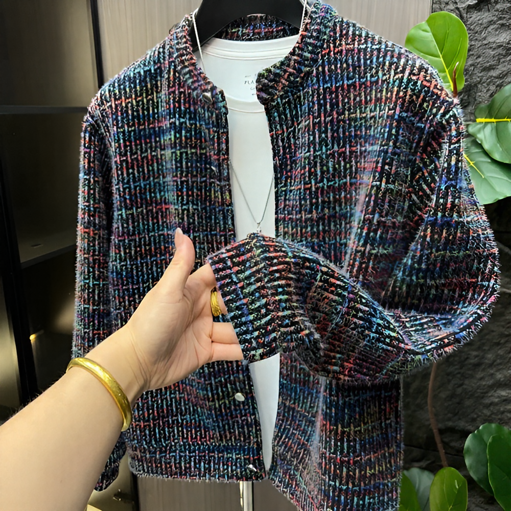Stand Collar Tweed Style Men's Knit Top