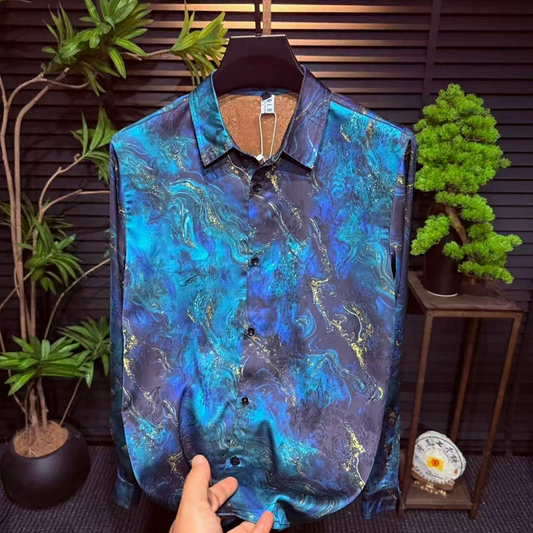 Men Marble Swirl Satin Shirt