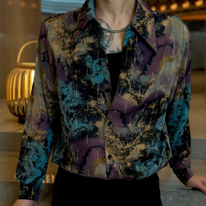 Men Ink Wash Rhinestone Long Sleeve Shirt