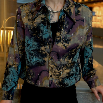 Men Ink Wash Rhinestone Long Sleeve Shirt