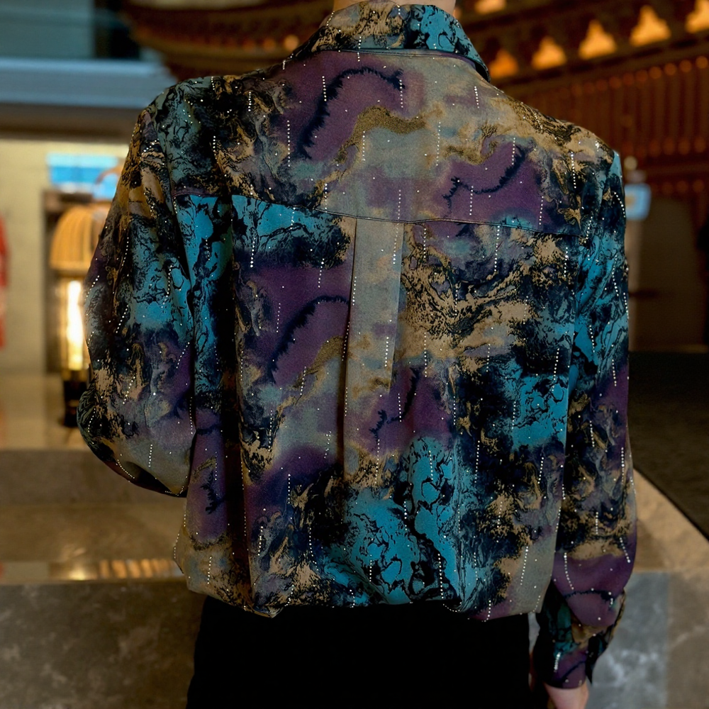 Men Ink Wash Rhinestone Long Sleeve Shirt