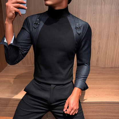 Men Buckle Decor Mock Neck Splice Top