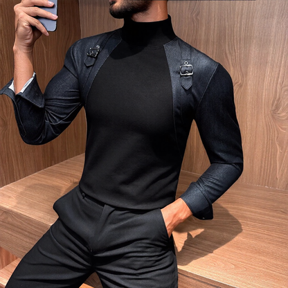 Men Buckle Decor Mock Neck Splice Top