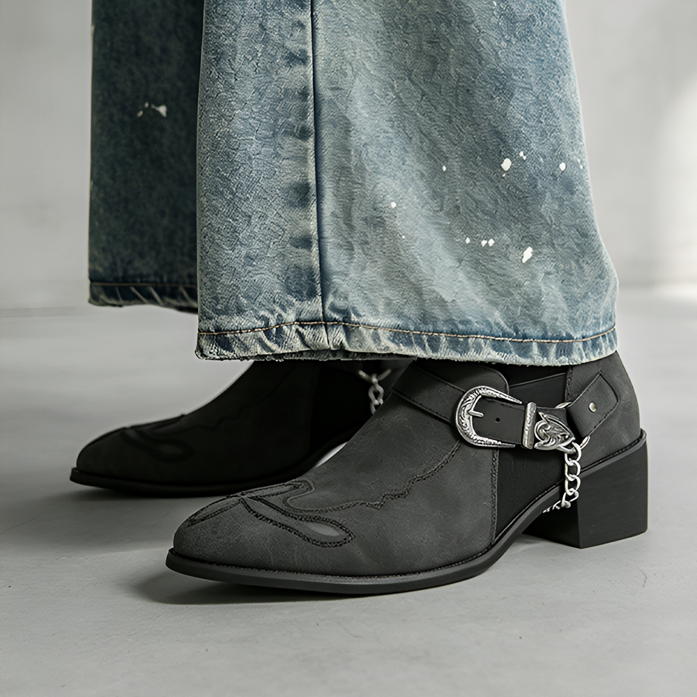 Western Buckle Chain Ankle Boots