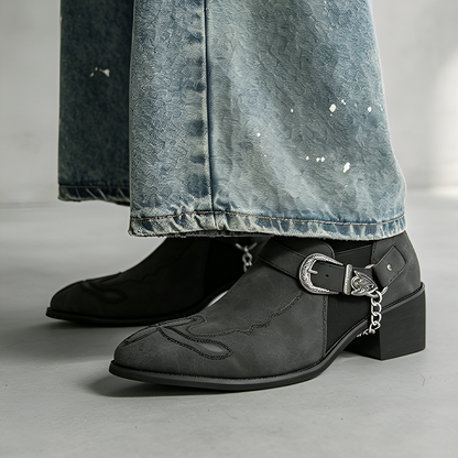 Western Buckle Chain Ankle Boots