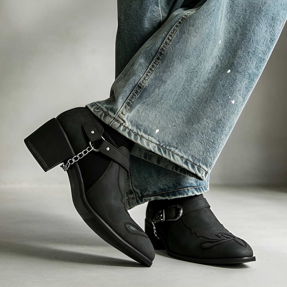 Western Buckle Chain Ankle Boots