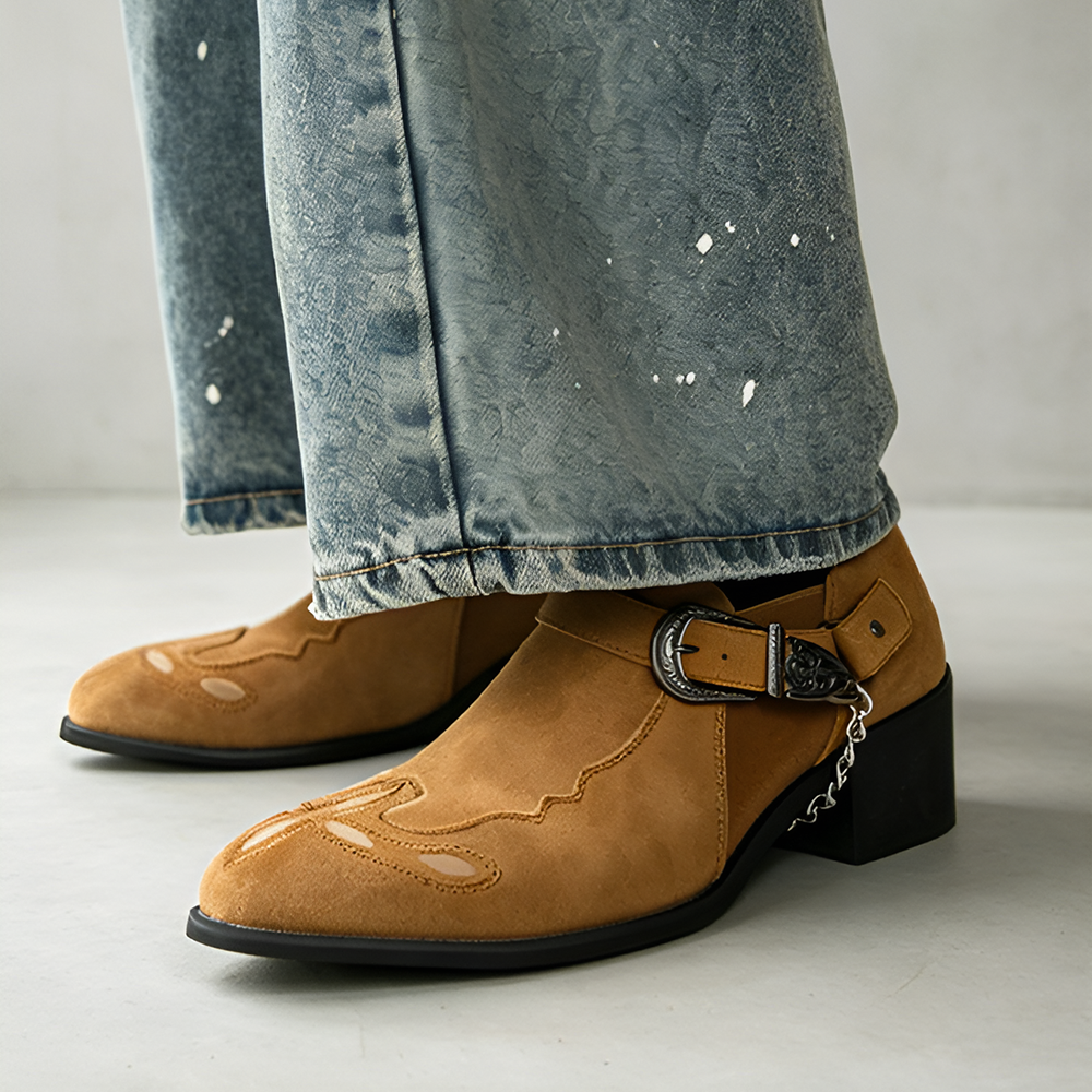 Western Buckle Chain Ankle Boots