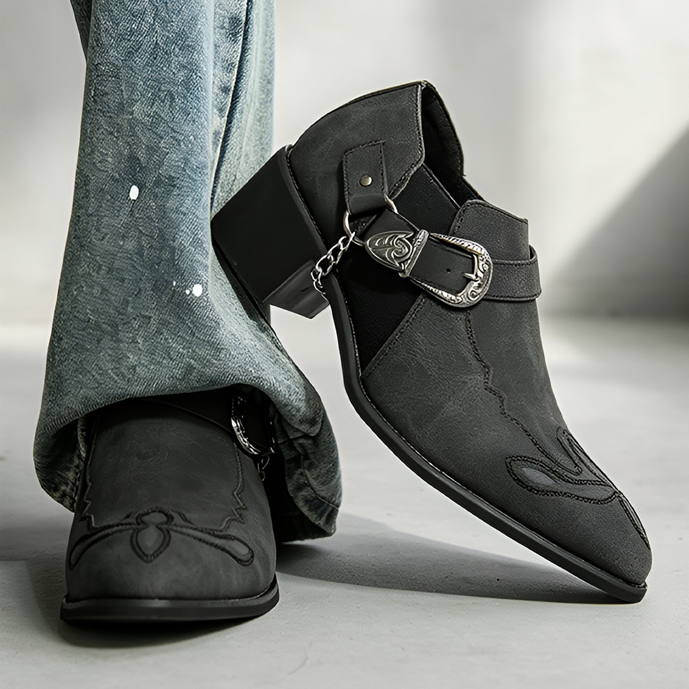 Western Buckle Chain Ankle Boots