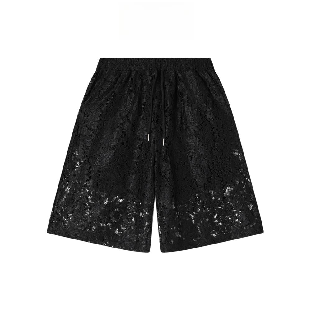 Full Hollow Lace Drawstring Wide-Leg Bermuda Shorts