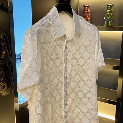 Reflective plaid silk acetate short-sleeved shirt