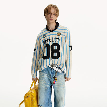 Striped Letter Print Retro Jersey Top