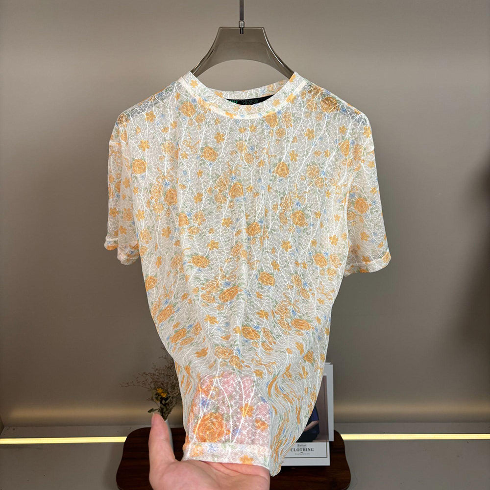 Allover Rose Floral Hollow Mesh Breathable Short Sleeve T-Shirt