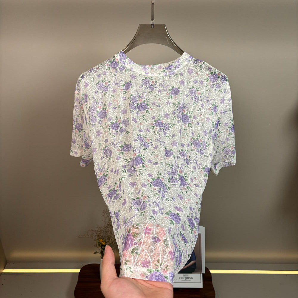 Allover Rose Floral Hollow Mesh Breathable Short Sleeve T-Shirt