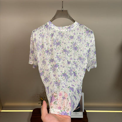 Allover Rose Floral Hollow Mesh Breathable Short Sleeve T-Shirt