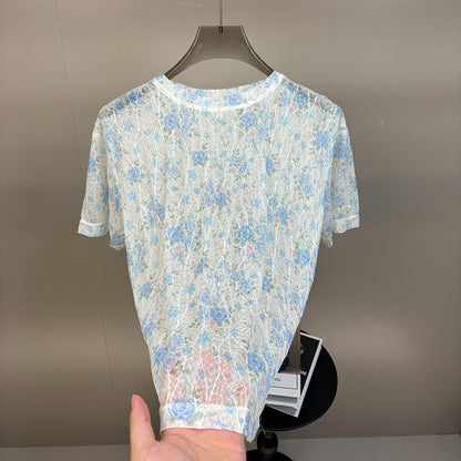 Allover Rose Floral Hollow Mesh Breathable Short Sleeve T-Shirt