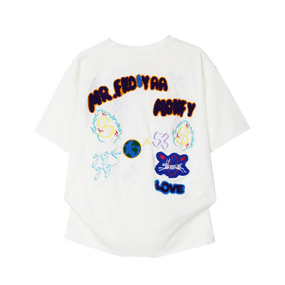Back Multi-Graffiti Element Embroidery Oversized Drop-Shoulder Tee