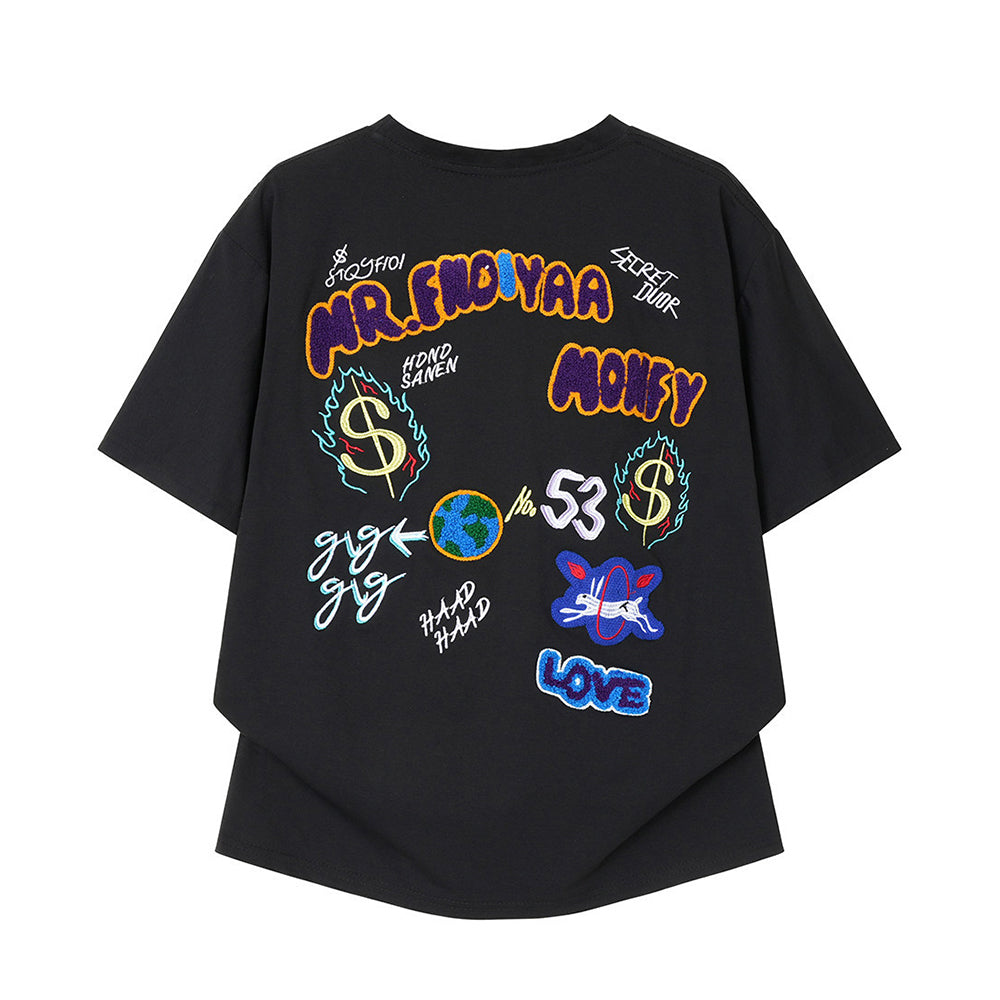 Back Multi-Graffiti Element Embroidery Oversized Drop-Shoulder Tee