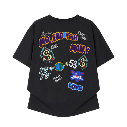 Back Multi-Graffiti Element Embroidery Oversized Drop-Shoulder Tee