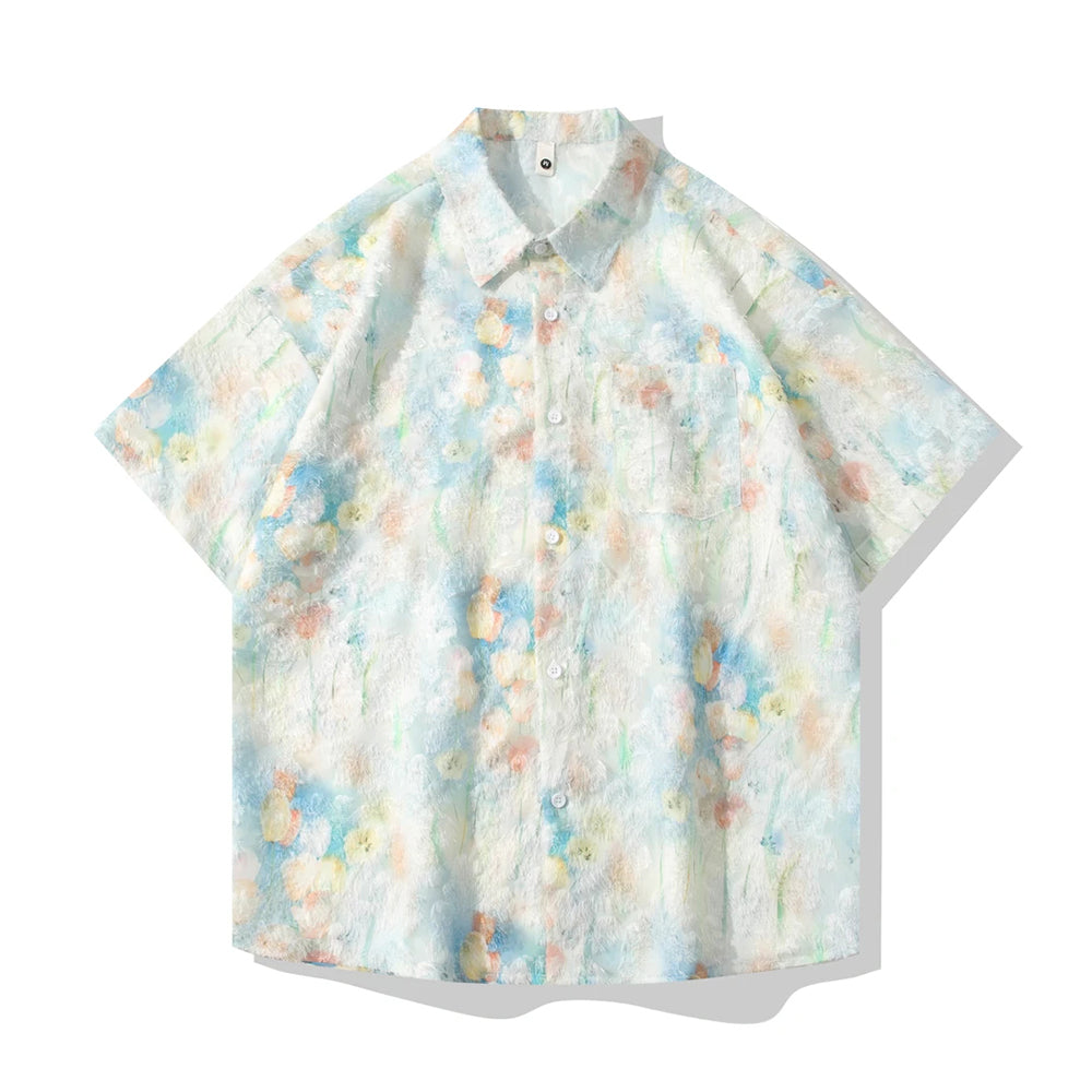 Watercolor Floral Raw Texture Lapel Short Sleeve Shirt
