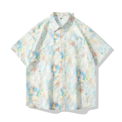 Watercolor Floral Raw Texture Lapel Short Sleeve Shirt
