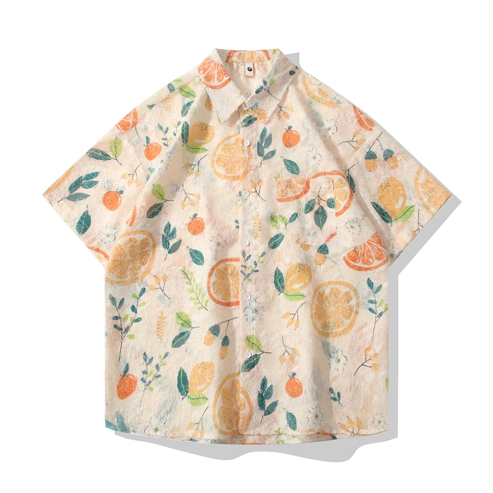 Watercolor Floral Raw Texture Lapel Short Sleeve Shirt
