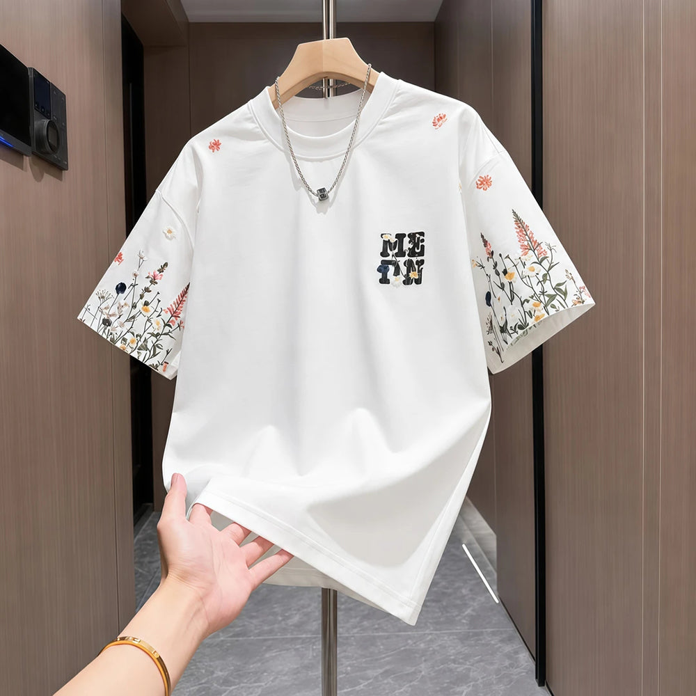Sleeve Floral Letter Print Casual Crew Neck T-shirt