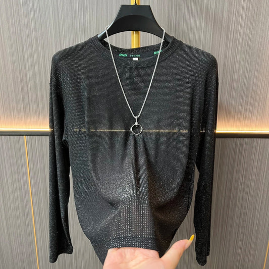 Shimmer Mesh Crew Neck Long‑Sleeve Top