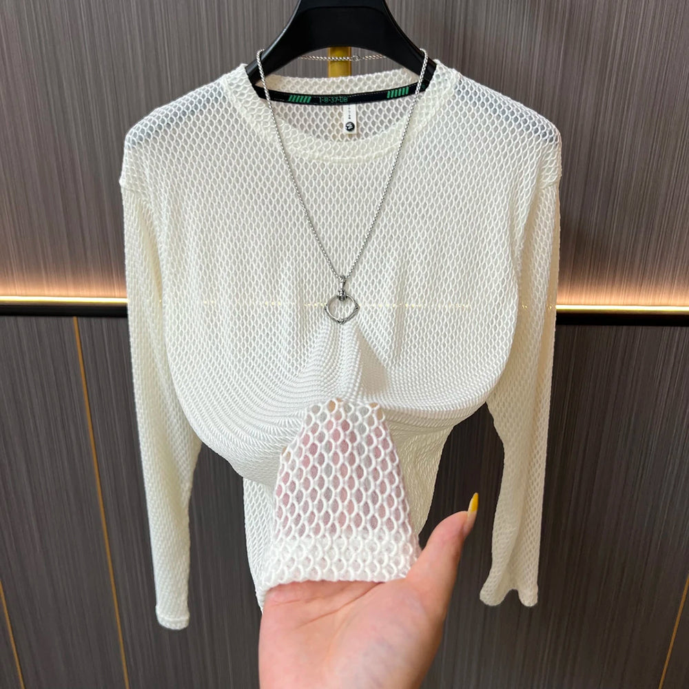 Textured Mesh Crew Neck Long‑Sleeve Top
