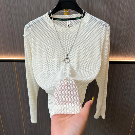 Textured Mesh Crew Neck Long‑Sleeve Top