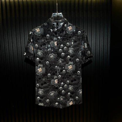 3D Floral Flocking Rhinestone Mandarin Collar Short Sleeve Shirt