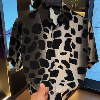 Vintage Irregular Spot Texture Draped Lapel Short Sleeve Shirt