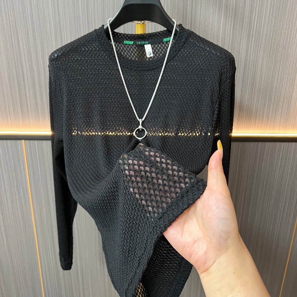 Textured Mesh Crew Neck Long‑Sleeve Top